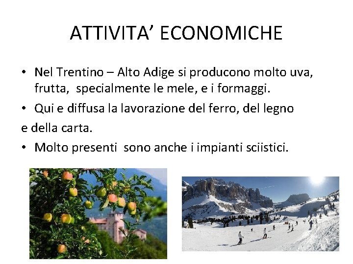 ATTIVITA’ ECONOMICHE • Nel Trentino – Alto Adige si producono molto uva, frutta, specialmente