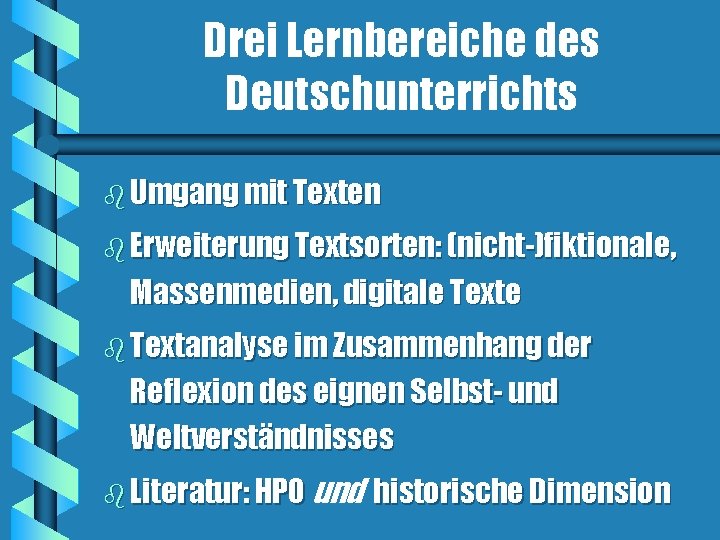 Drei Lernbereiche des Deutschunterrichts b Umgang mit Texten b Erweiterung Textsorten: (nicht-)fiktionale, Massenmedien, digitale