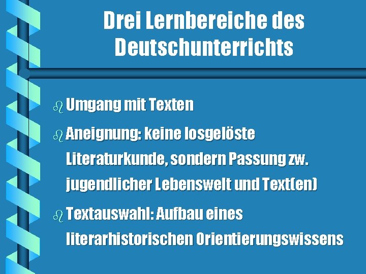 Drei Lernbereiche des Deutschunterrichts b Umgang mit Texten b Aneignung: keine losgelöste Literaturkunde, sondern