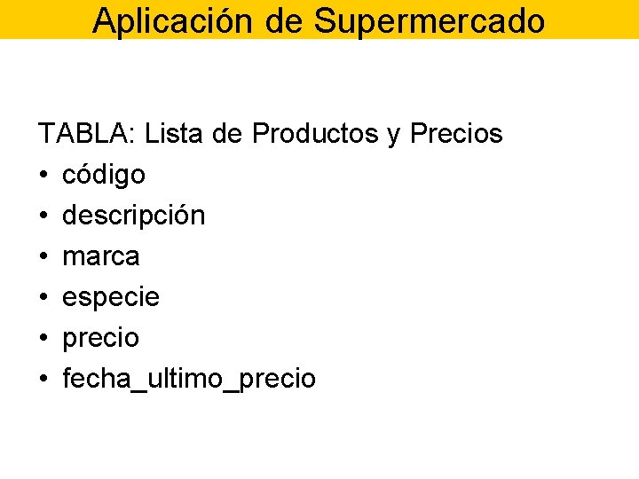 Aplicación de Supermercado TABLA: Lista de Productos y Precios • código • descripción •