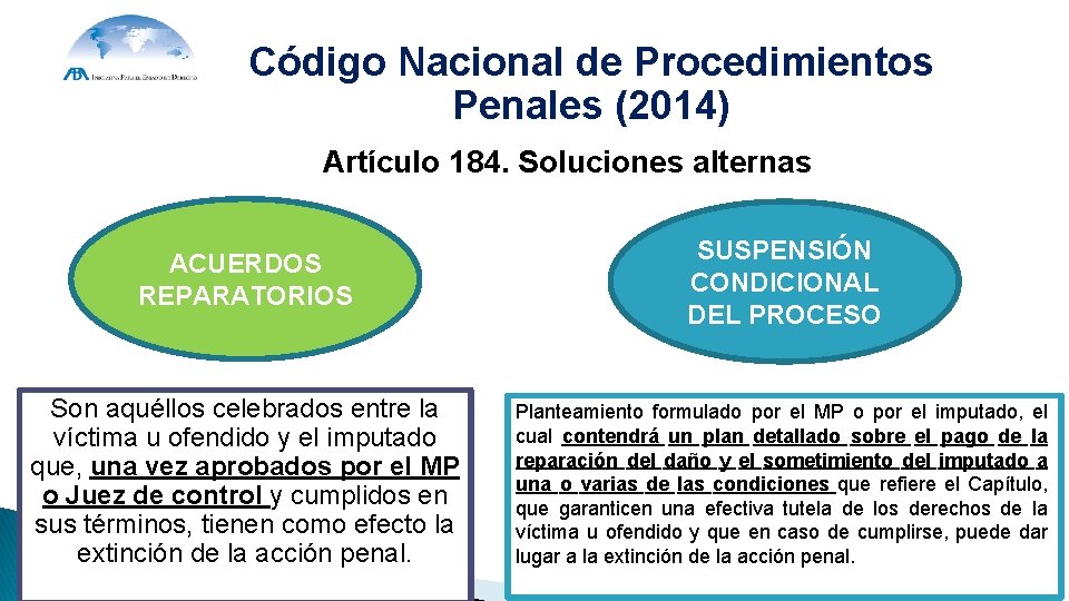 Código Nacional de Procedimientos Penales (2014) Artículo 184. Soluciones alternas ACUERDOS REPARATORIOS SUSPENSIÓN CONDICIONAL Código Nacional de Procedimientos Penales (2014) Artículo 184. Soluciones alternas ACUERDOS REPARATORIOS SUSPENSIÓN CONDICIONAL