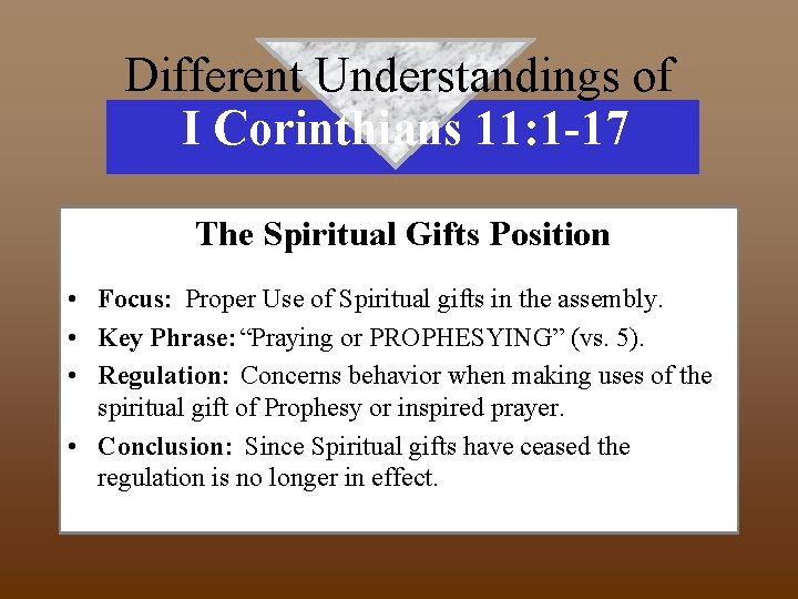 Different Understandings of I Corinthians 11: 1 -17 The Spiritual Gifts Position • Focus: