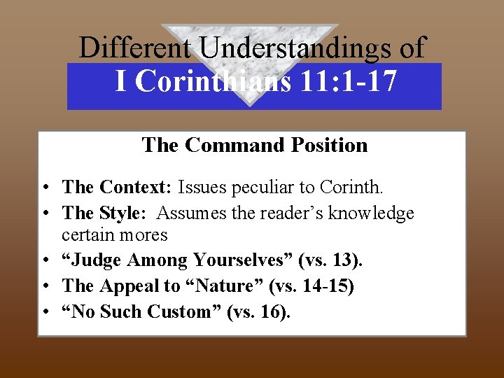 Different Understandings of I Corinthians 11: 1 -17 The Command Position • The Context: