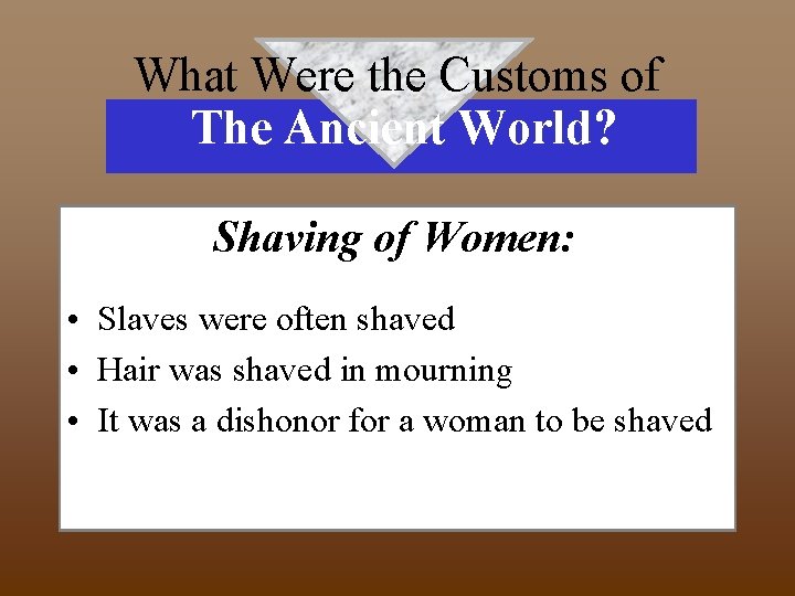 What Were the Customs of The Ancient World? Shaving of Women: • Slaves were