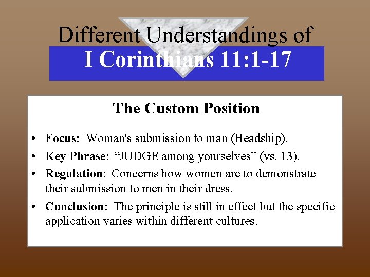 Different Understandings of I Corinthians 11: 1 -17 The Custom Position • Focus: Woman's