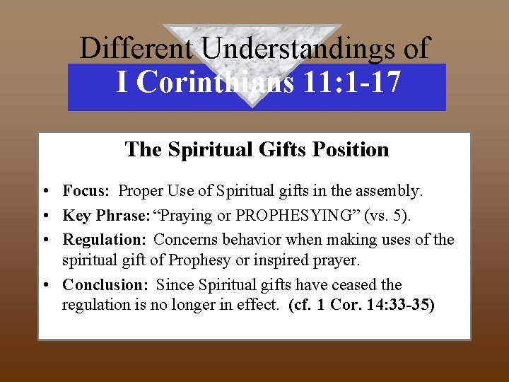 Different Understandings of I Corinthians 11: 1 -17 The Spiritual Gifts Position • Focus: