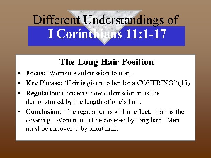 Different Understandings of I Corinthians 11: 1 -17 The Long Hair Position • Focus: