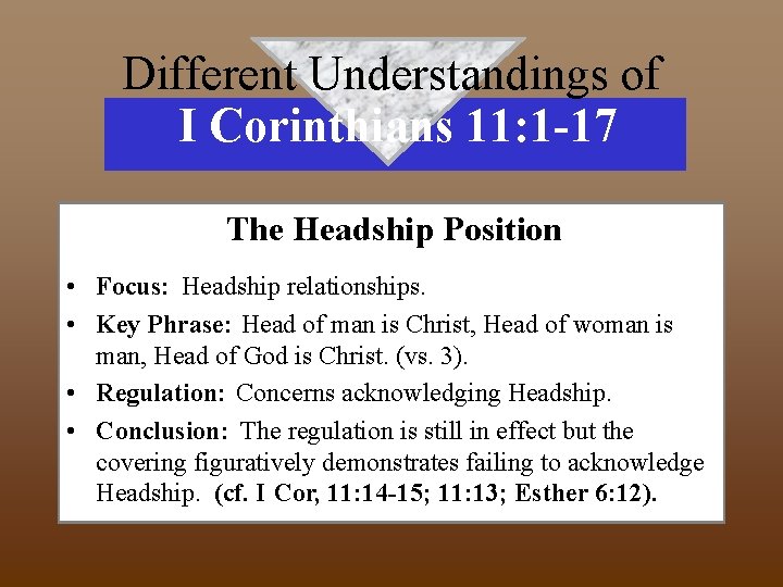 Different Understandings of I Corinthians 11: 1 -17 The Headship Position • Focus: Headship