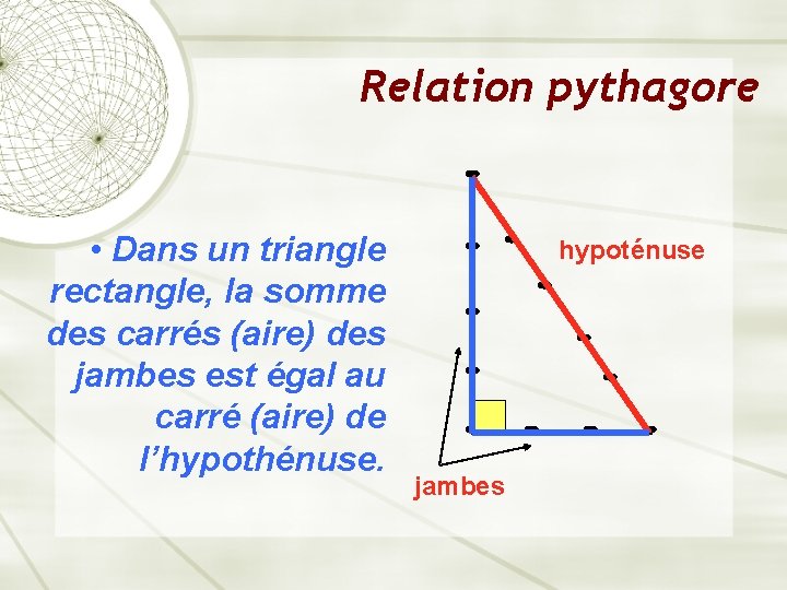 Relation pythagore • Dans un triangle rectangle, la somme des carrés (aire) des jambes