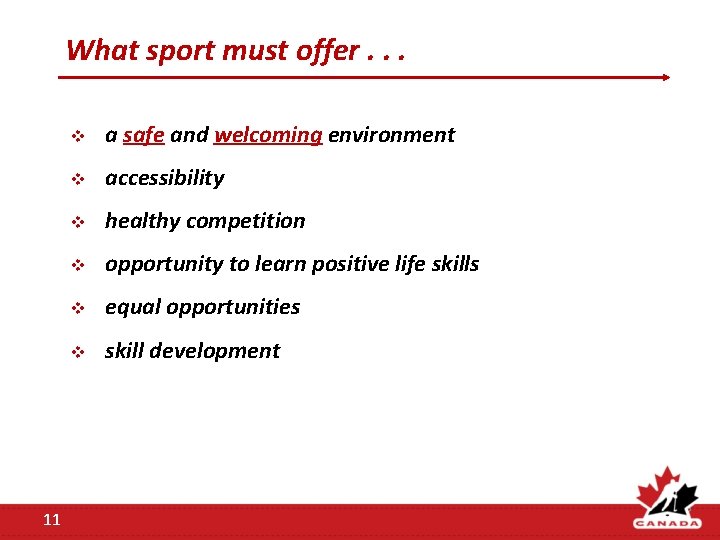 What sport must offer. . . 11 v a safe and welcoming environment v What sport must offer. . . 11 v a safe and welcoming environment v
