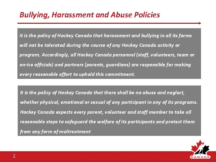 Bullying, Harassment and Abuse Policies It is the policy of Hockey Canada that harassment Bullying, Harassment and Abuse Policies It is the policy of Hockey Canada that harassment