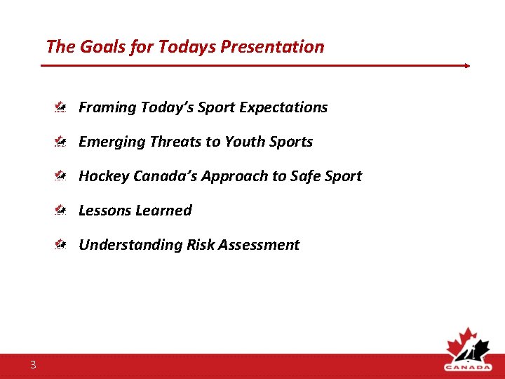 The Goals for Todays Presentation Framing Today’s Sport Expectations Emerging Threats to Youth Sports The Goals for Todays Presentation Framing Today’s Sport Expectations Emerging Threats to Youth Sports