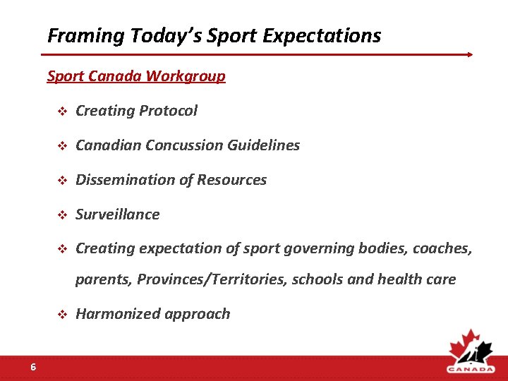 Framing Today’s Sport Expectations Sport Canada Workgroup v Creating Protocol v Canadian Concussion Guidelines Framing Today’s Sport Expectations Sport Canada Workgroup v Creating Protocol v Canadian Concussion Guidelines