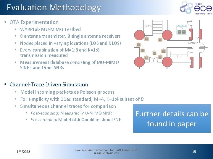 Evaluation Methodology • OTA Experimentation WARPLab MU-MIMO Testbed 8 antenna transmitter, 8 single antenna