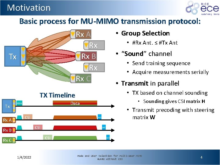 Motivation Basic process for MU-MIMO transmission protocol: • Group Selection Rx A Rx B