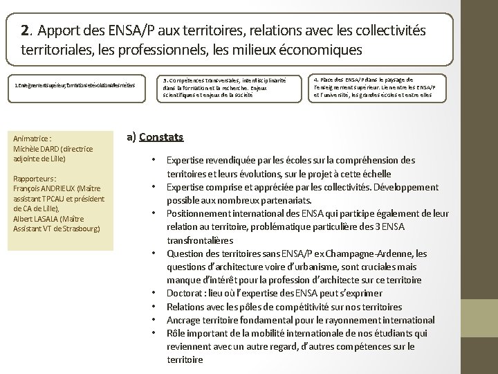 2. Apport des ENSA/P aux territoires, relations avec les collectivités territoriales, les professionnels, les