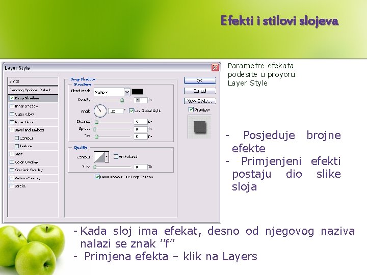 Efekti i stilovi slojeva Parametre efekata podesite u proyoru Layer Style - Posjeduje brojne