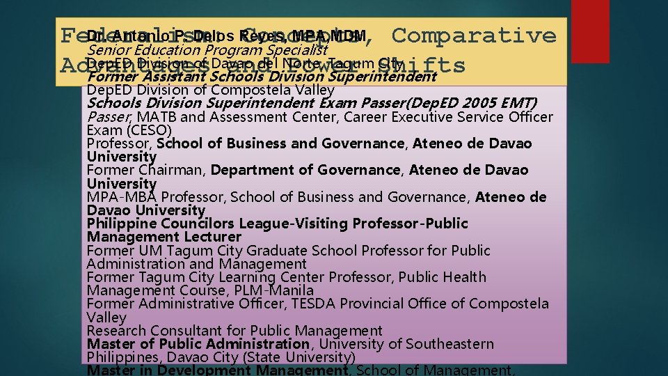 Dr. Antonio P. Delos Reyes, MPA, MDM Federalism: Concepts, Comparative Senior Education Program Specialist