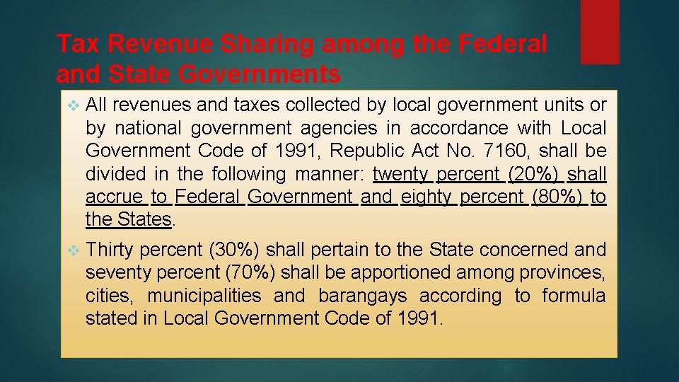 Tax Revenue Sharing among the Federal and State Governments v All revenues and taxes