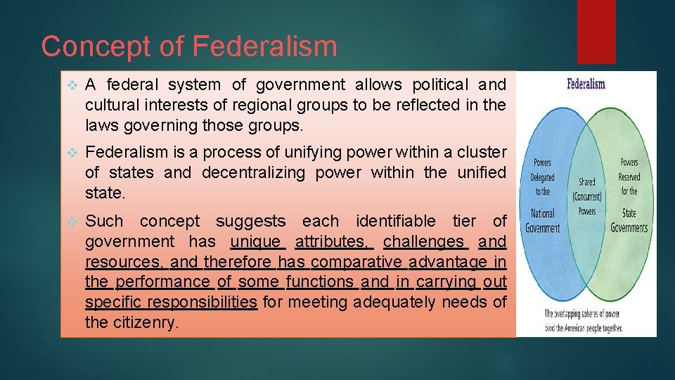 Concept of Federalism v A federal system of government allows political and cultural interests