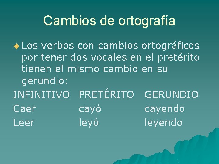 Cambios de ortografía u Los verbos con cambios ortográficos por tener dos vocales en Cambios de ortografía u Los verbos con cambios ortográficos por tener dos vocales en