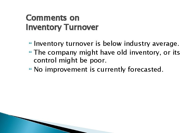 Comments on Inventory Turnover Inventory turnover is below industry average. The company might have