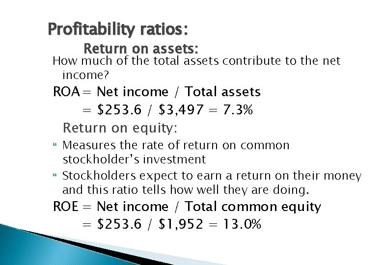 Profitability ratios: Return on assets: How much of the total assets contribute to the