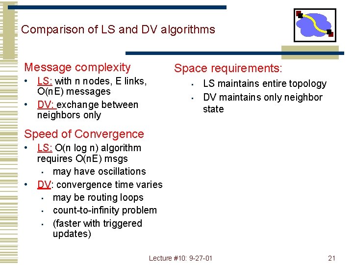 Comparison of LS and DV algorithms Message complexity Space requirements: • LS: with n