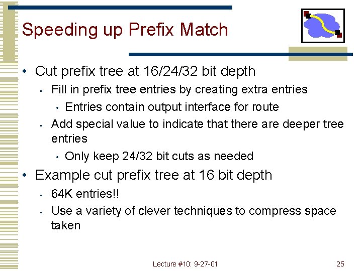 Speeding up Prefix Match • Cut prefix tree at 16/24/32 bit depth • •