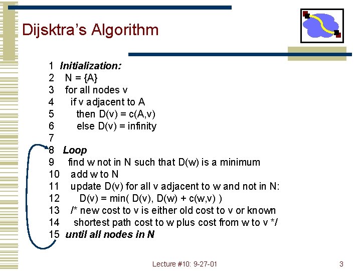 Dijsktra’s Algorithm 1 Initialization: 2 N = {A} 3 for all nodes v 4