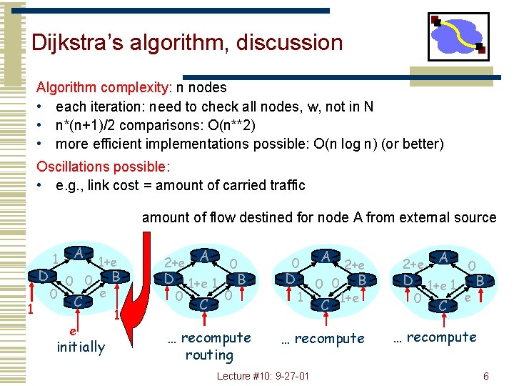 Dijkstra’s algorithm, discussion Algorithm complexity: n nodes • each iteration: need to check all