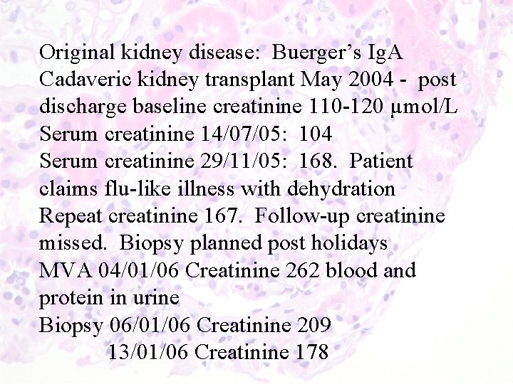 Original kidney disease: Buerger’s Ig. A Cadaveric kidney transplant May 2004 - post discharge