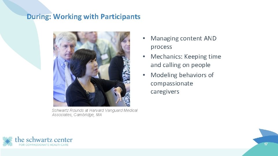 During: Working with Participants • Managing content AND process • Mechanics: Keeping time and
