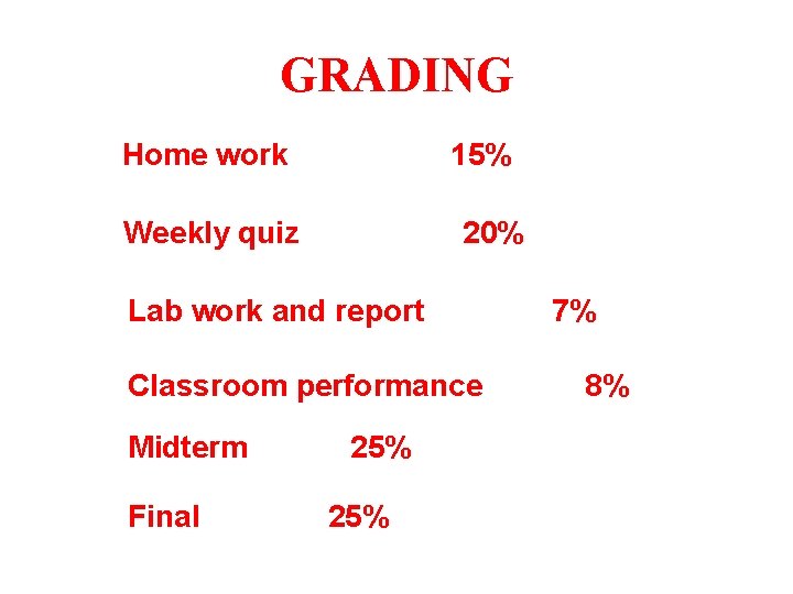 GRADING Home work 15% Weekly quiz 20% Lab work and report Classroom performance Midterm