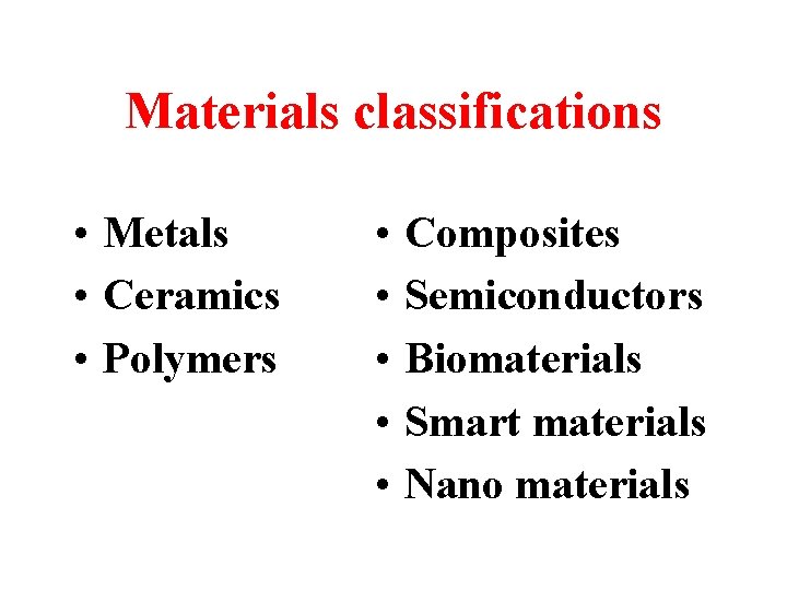 Materials classifications • Metals • Ceramics • Polymers • • • Composites Semiconductors Biomaterials