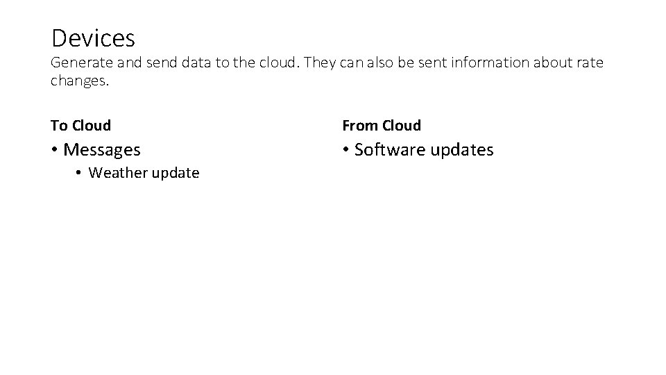 Devices Generate and send data to the cloud. They can also be sent information