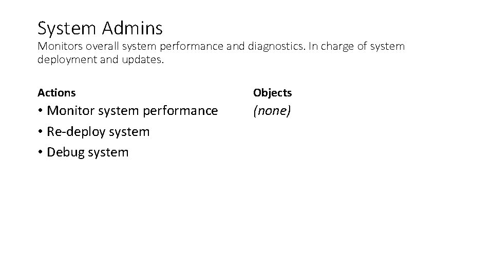 System Admins Monitors overall system performance and diagnostics. In charge of system deployment and