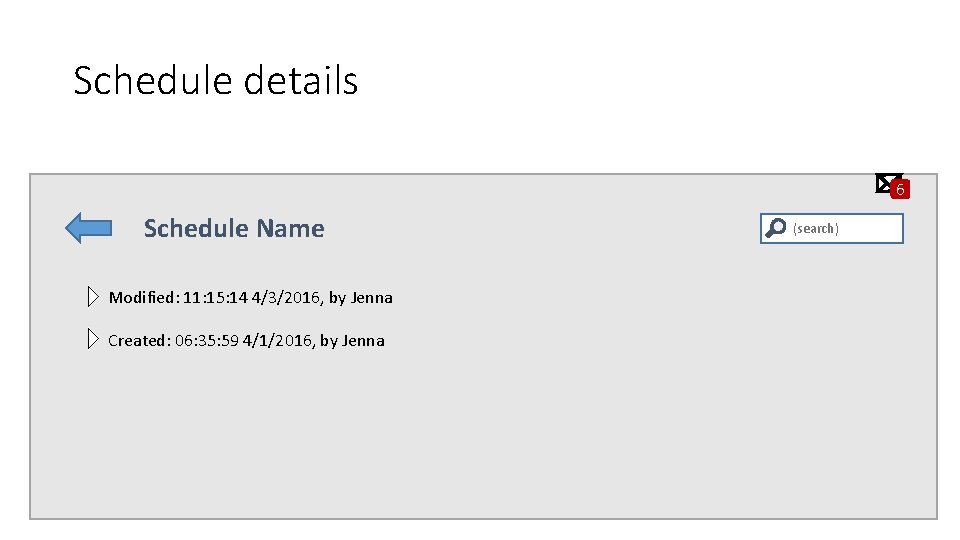 Schedule details 6 Schedule Name Modified: 11: 15: 14 4/3/2016, by Jenna Created: 06:
