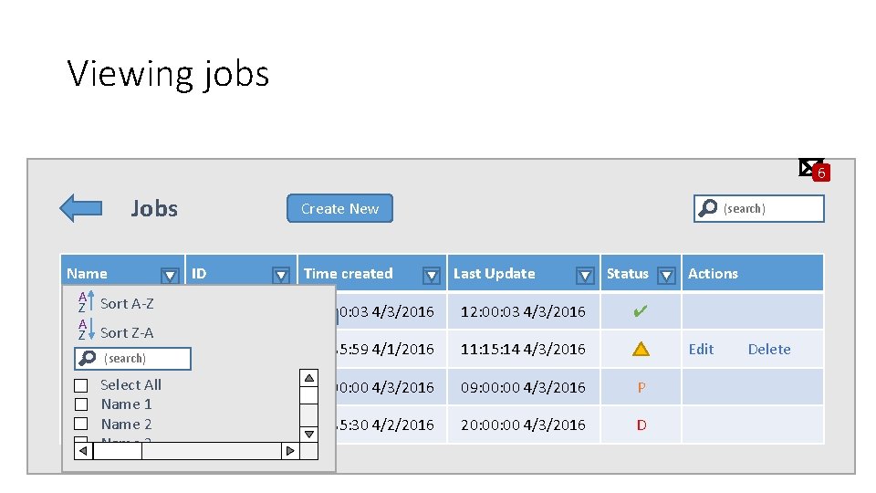 Viewing jobs 6 Jobs Create New Name ID A Sort A-Z Z 1 Job