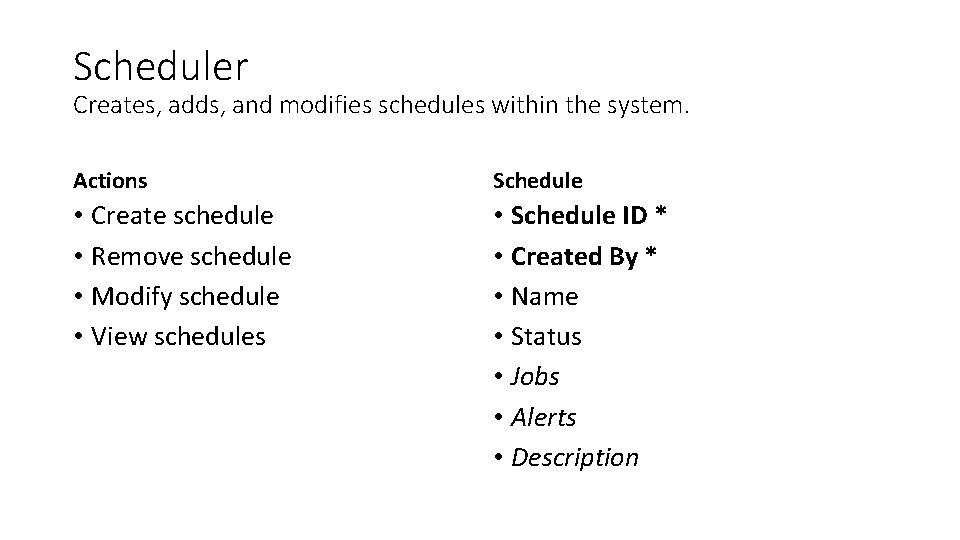 Scheduler Creates, adds, and modifies schedules within the system. Actions Schedule • Create schedule