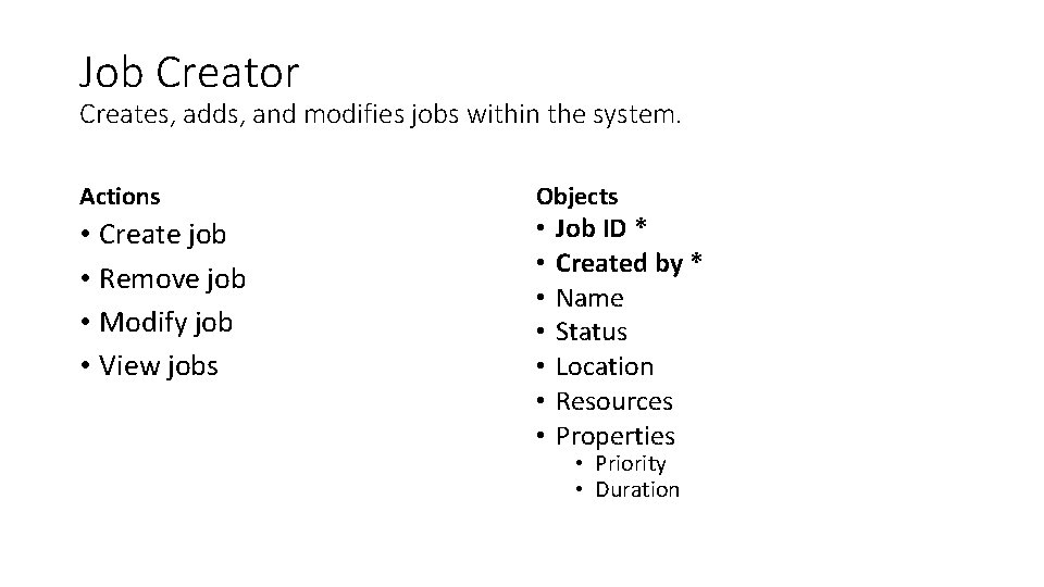 Job Creator Creates, adds, and modifies jobs within the system. Actions • Create job