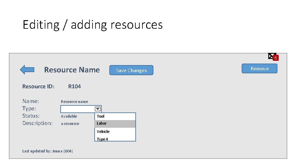 Editing / adding resources 6 Resource Name Resource ID: R 104 Name: Type: Status: