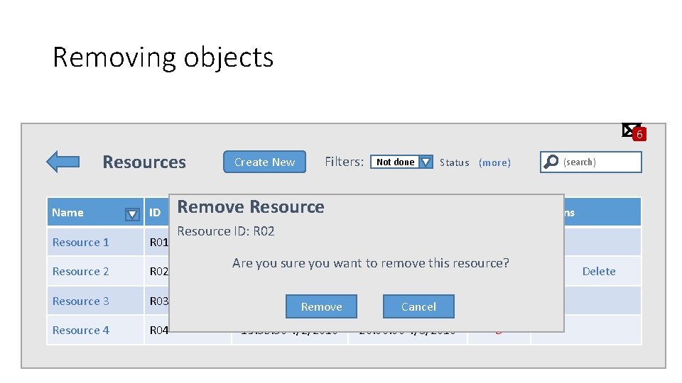 Removing objects 6 Resources Name ID Resource 1 R 01 Resource 2 R 02