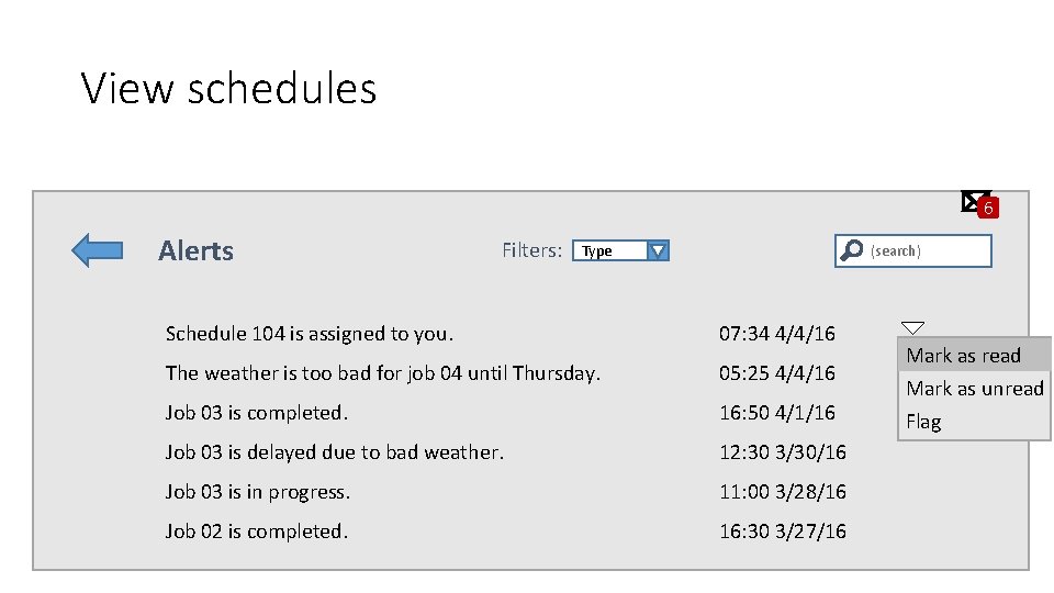 View schedules 6 Alerts Filters: Type (search) Schedule 104 is assigned to you. 07: