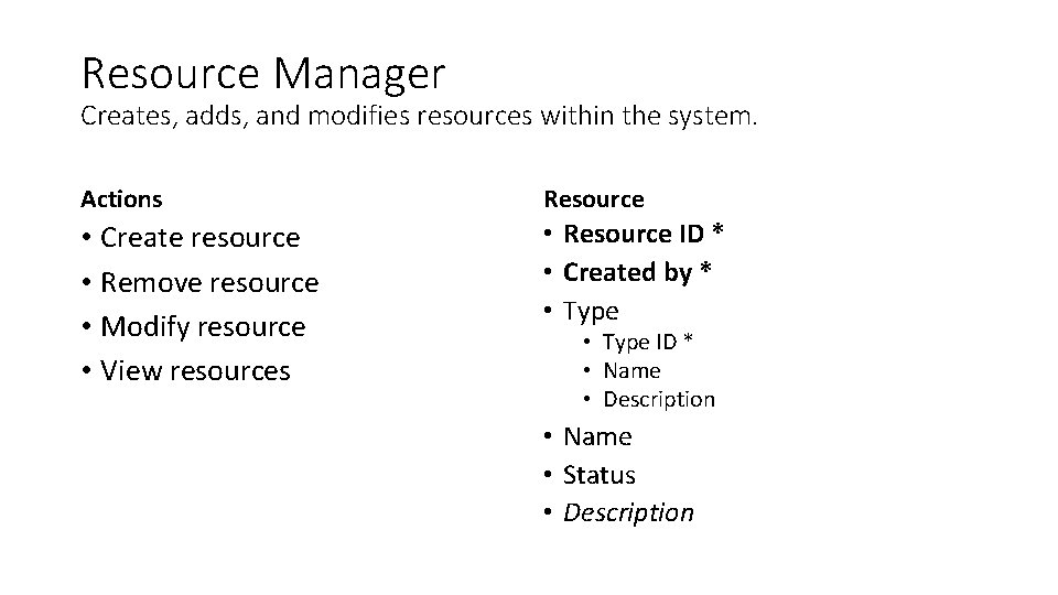Resource Manager Creates, adds, and modifies resources within the system. Actions Resource • Create