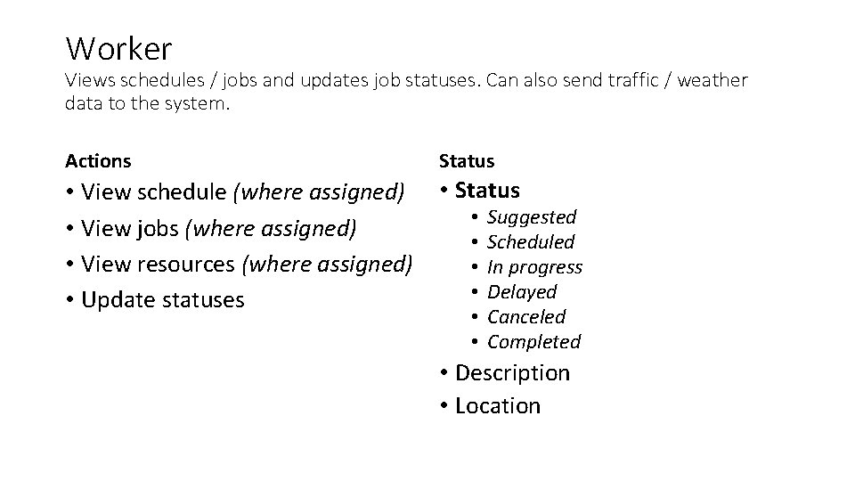 Worker Views schedules / jobs and updates job statuses. Can also send traffic /