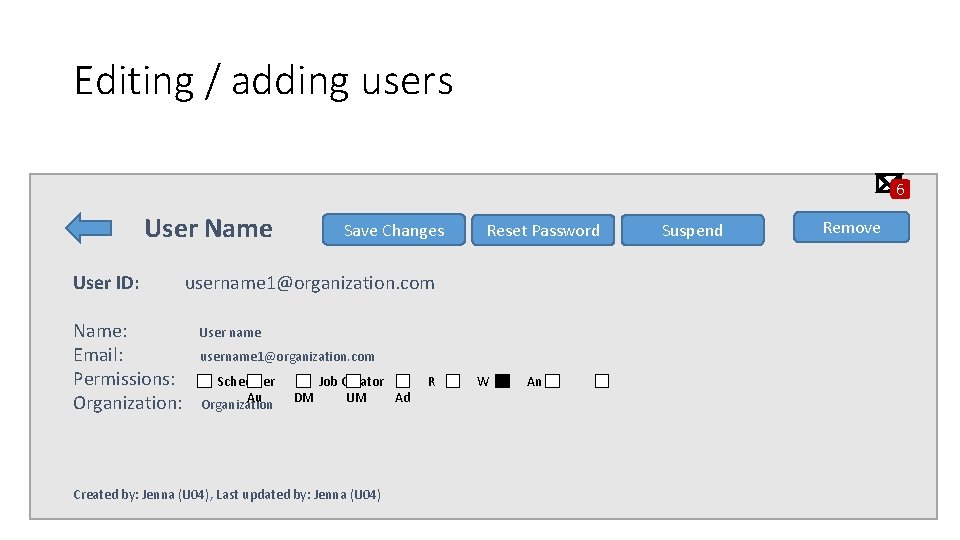 Editing / adding users 6 User Name User ID: Name: Email: Permissions: Organization: Save