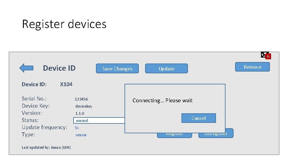 Register devices 6 Device ID: Save Changes Remove Update X 104 Serial No. :