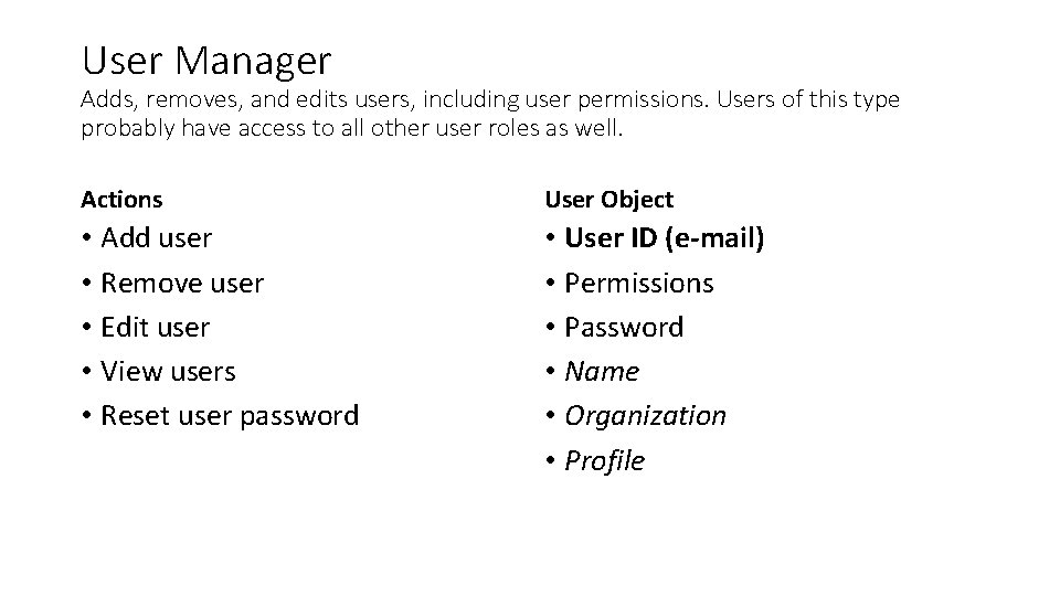 User Manager Adds, removes, and edits users, including user permissions. Users of this type