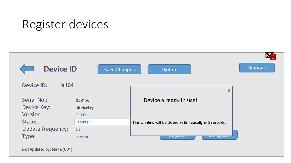 Register devices 6 Device ID: Save Changes Remove Update X 104 Serial No. :